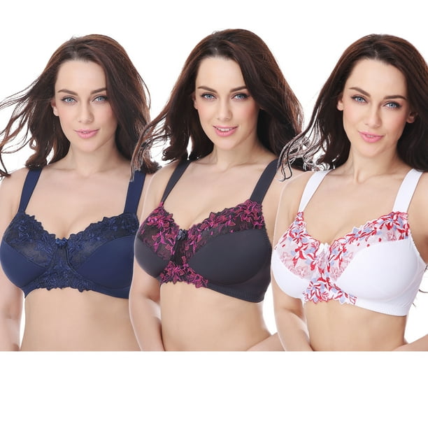 Curve Muse Plus Size Minimizer Unlined Wireless Bra with Lace Embroidery-3Pack